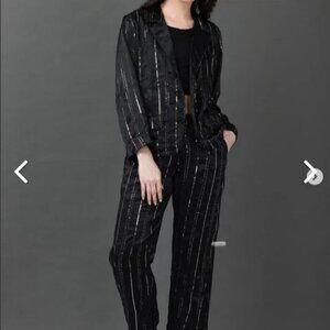 Free People Sequin Embellished Button Black Straight Leg Pant & Blazer Set L